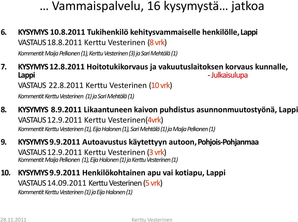 KYSYMYS 8.9.2011 Likaantuneen kaivon puhdistus asunnonmuutostyönä, Lappi VASTAUS 12.9.2011 Kerttu Vesterinen(4vrk) Kommentit Kerttu Vesterinen (1), Eija Halonen (1), Sari Mehtälä (1) ja Maija Pelkonen (1) 9.