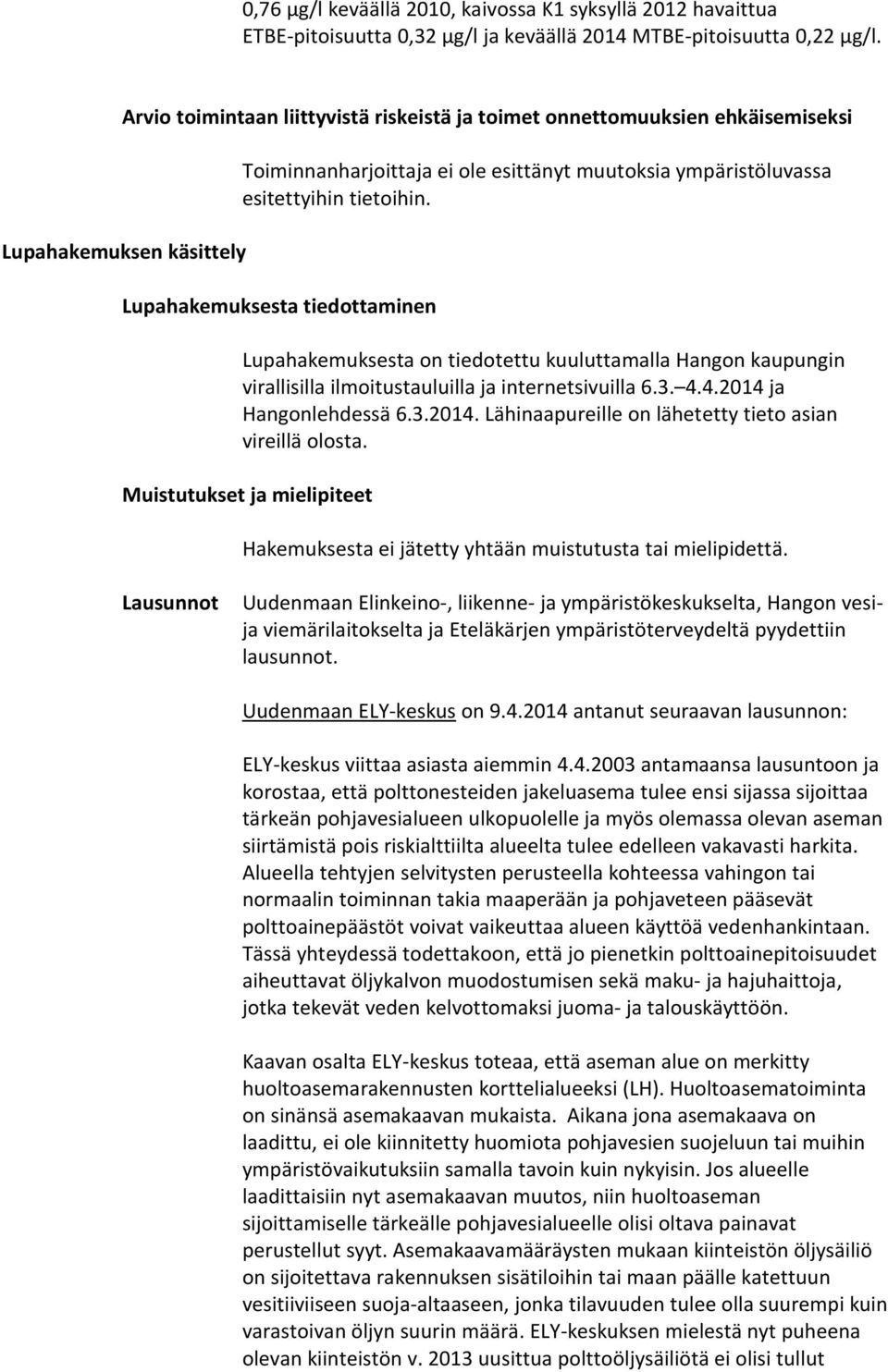 Lupahakemuksesta tiedottaminen Lupahakemuksesta on tiedotettu kuuluttamalla Hangon kaupungin virallisilla ilmoitustauluilla ja internetsivuilla 6.3. 4.4.2014 
