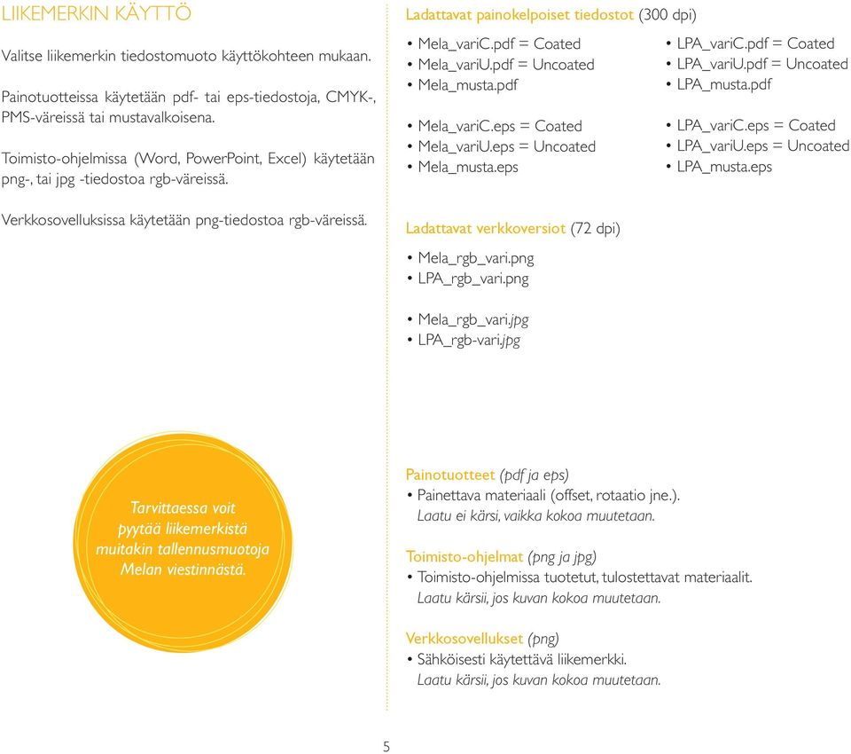 Ladattavat painokelpoiset tiedostot (300 dpi) Mela_variC.pdf = Coated Mela_variU.pdf = Uncoated Mela_musta.pdf Mela_variC.eps = Coated Mela_variU.eps = Uncoated Mela_musta.