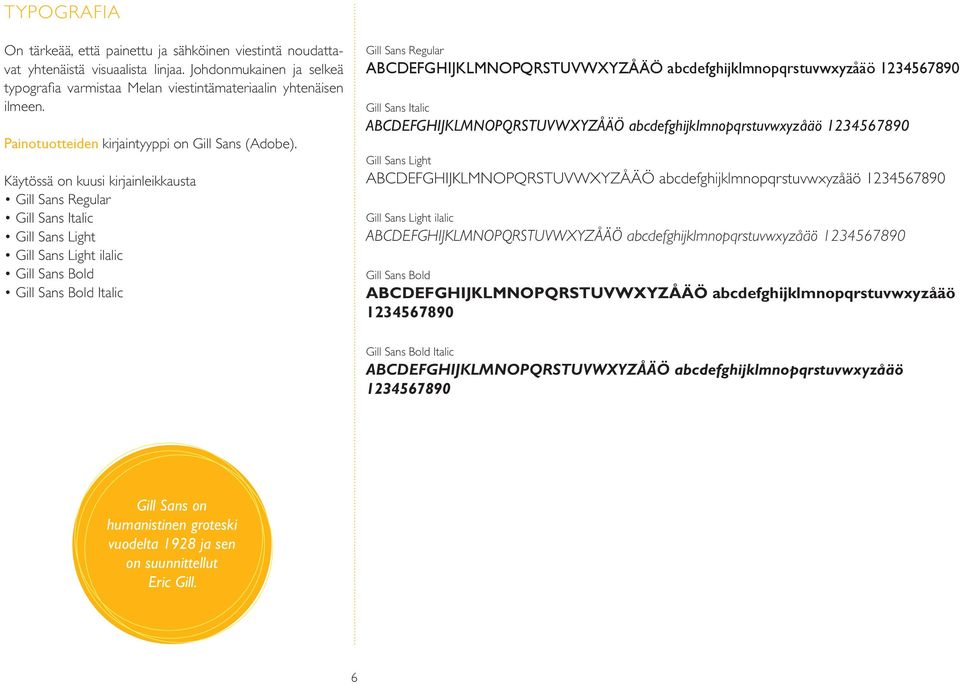 Käytössä on kuusi kirjainleikkausta Gill Sans Regular Gill Sans Italic Gill Sans Light Gill Sans Light ilalic Gill Sans Bold Gill Sans Bold Italic Gill Sans Regular Gill Sans Italic