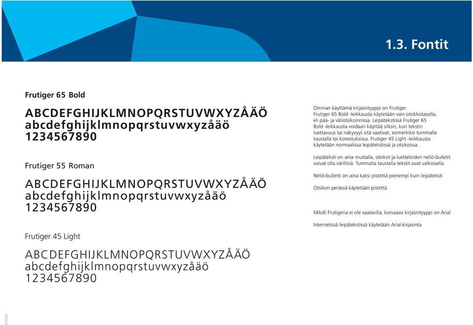 Frutiger 65 Bold -leikkausta käytetään vain otsikkotasolla, eli pää- ja väliotsikoinnissa.