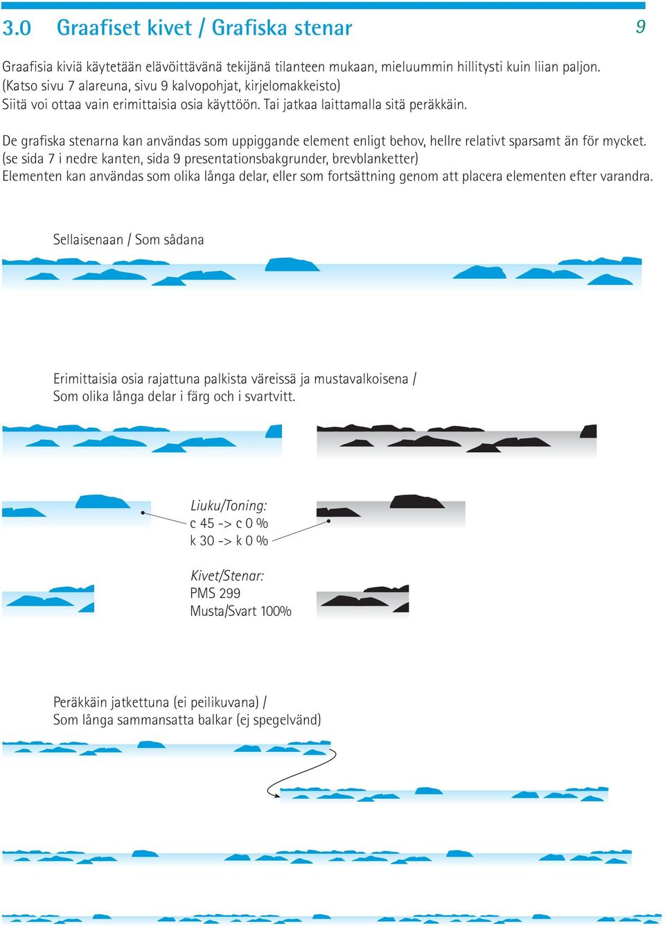 De grafiska stenarna kan användas som uppiggande element enligt behov, hellre relativt sparsamt än för mycket.