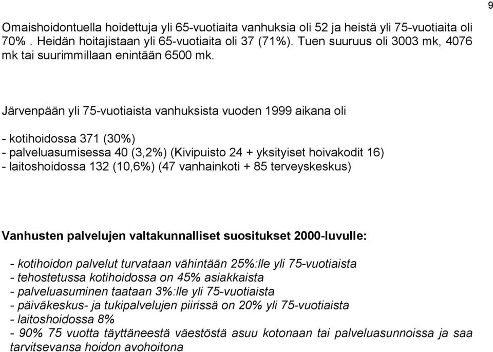 Järvenpään yli 75-vuotiaista vanhuksista vuoden 1999 aikana oli - kotihoidossa 371 (30%) - palveluasumisessa 40 (3,2%) (Kivipuisto 24 + yksityiset hoivakodit 16) - laitoshoidossa 132 (10,6%) (47