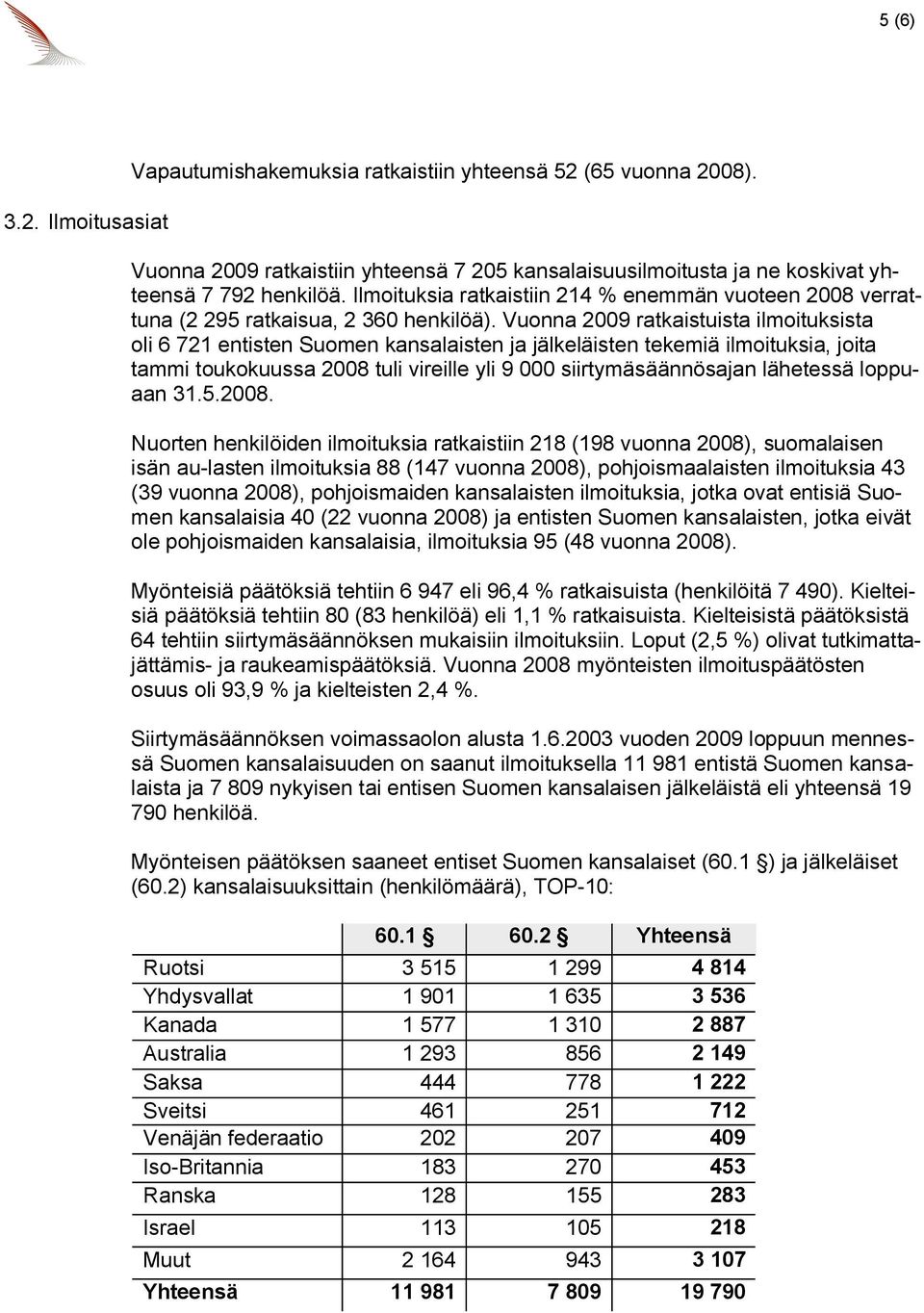 Vuonna 2009 ratkaistuista ilmoituksista oli 6 721 entisten Suomen kansalaisten ja jälkeläisten tekemiä ilmoituksia, joita tammi toukokuussa 2008 tuli vireille yli 9 000 siirtymäsäännösajan lähetessä