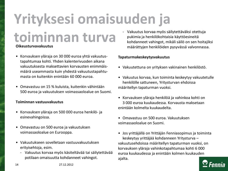 Omavastuu on 15 % kuluista, kuitenkin vähintään 500 euroa ja vakuutuksen voimassaoloalue on Suomi. Toiminnan vastuuvakuutus Korvauksen yläraja on 500 000 euroa henkilö- ja esinevahingoissa.