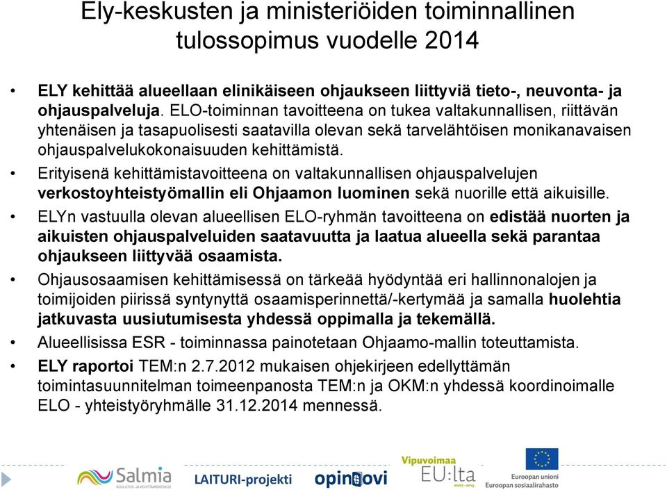 rityisenä kehittämistavoitteena on valtakunnallisen ohjauspalvelujen verkostoyhteistyömallin eli Ohjaamon luominen sekä nuorille että aikuisille.