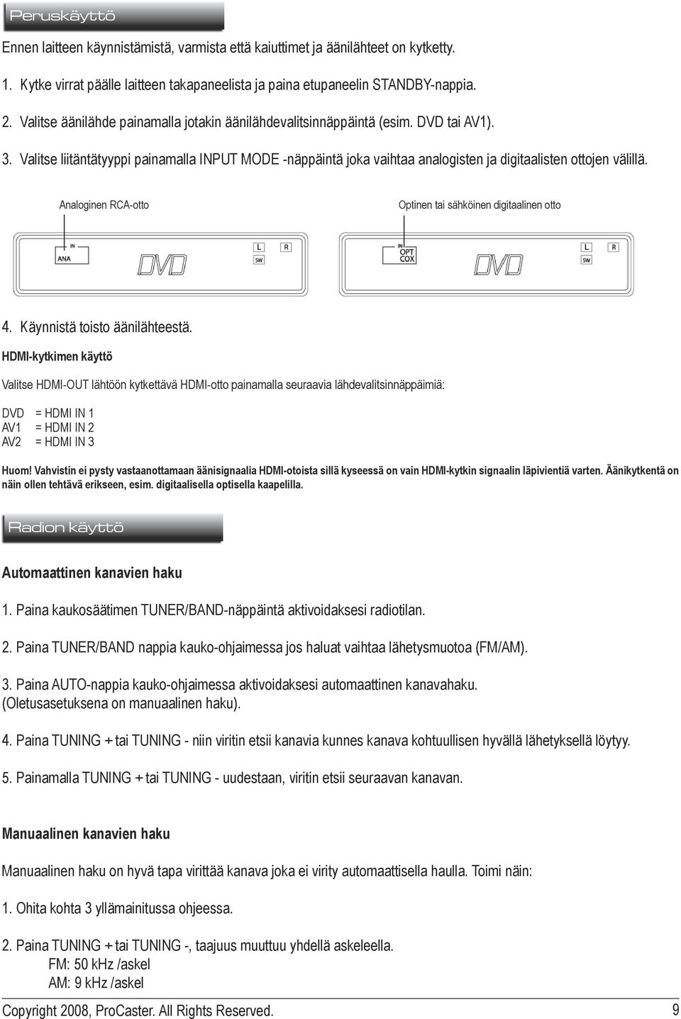 Valitse liitäntätyyppi painamalla INPUT MODE -näppäintä joka vaihtaa analogisten ja digitaalisten ottojen välillä. Analoginen RCA-otto Optinen tai sähköinen digitaalinen otto 4.