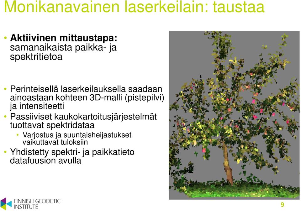 (pistepilvi) ja intensiteetti Passiiviset kaukokartoitusjärjestelmät tuottavat spektridataa