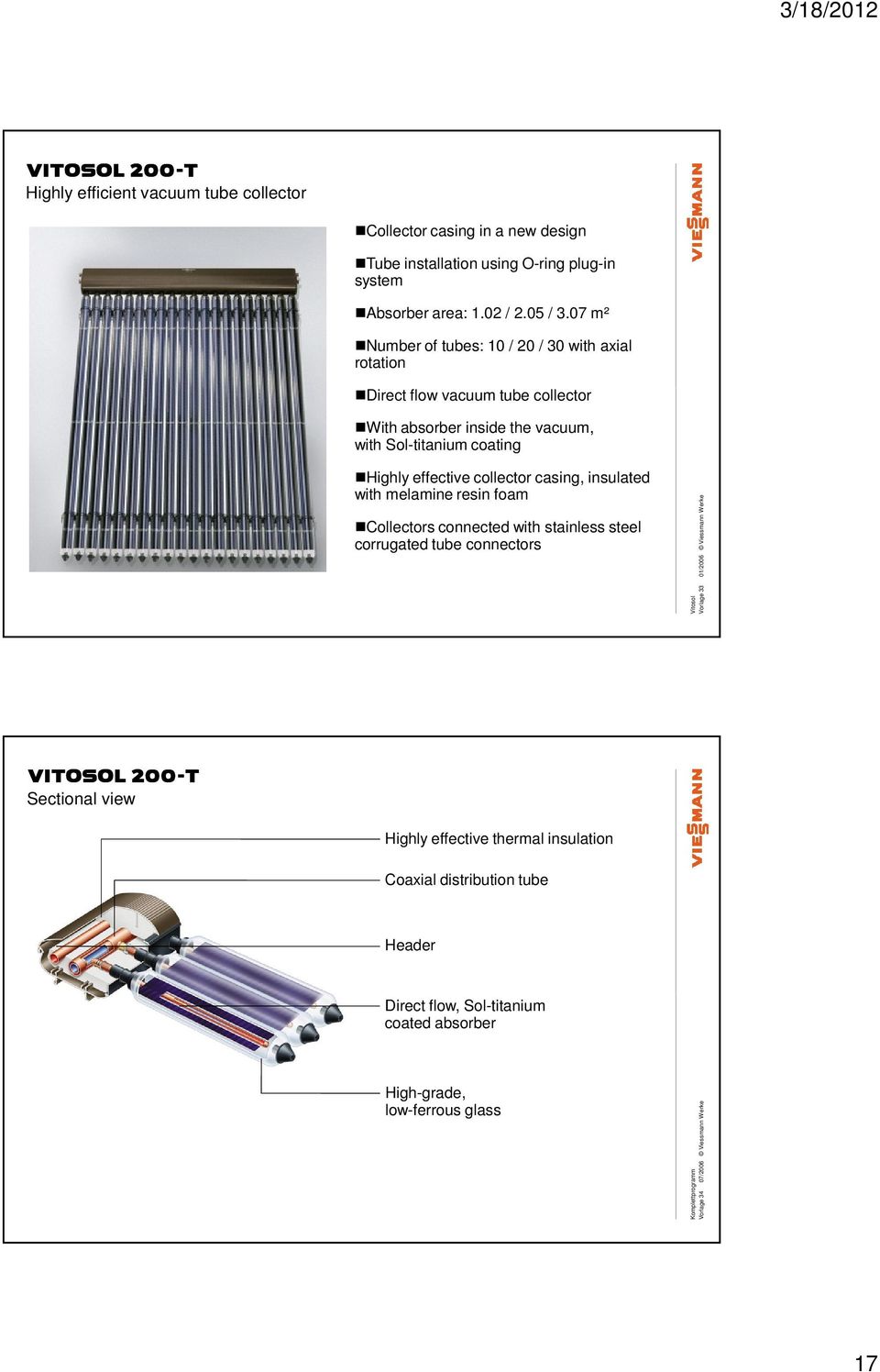 casing, insulated with melamine resin foam Collectors connected with stainless steel corrugated tube connectors Vorlage 33 01/2006 Viessmann Werke VITOSOL 200-T Sectional view