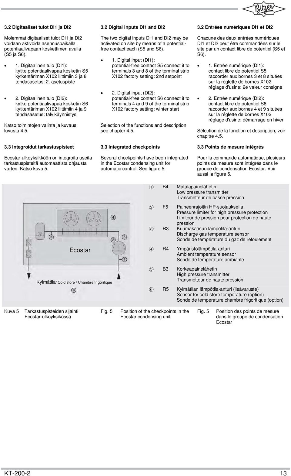 Digitaalinen tulo (DI2): kytke potentiaalivapaa kosketin S6 kytkentäriman X102 liittimiin 4 ja 9 tehdasasetus: talvikäynnistys Katso toimintojen valinta ja kuvaus luvusta 4.5. 3.