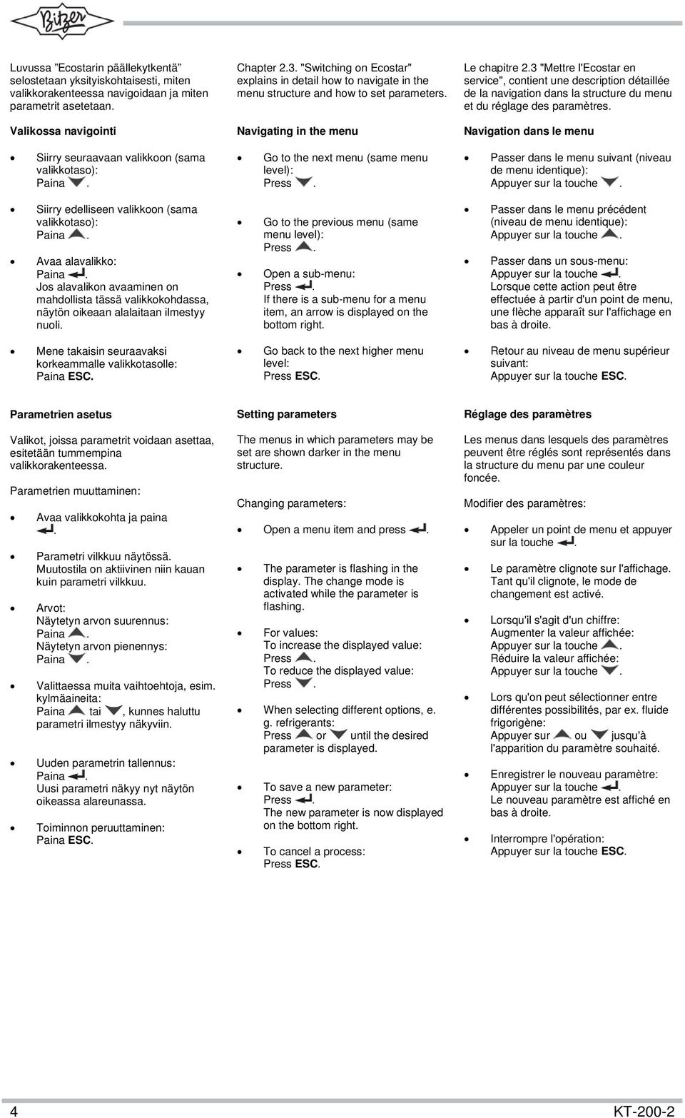 3 "Mettre l'ecostar en service", contient une description détaillée de la navigation dans la structure du menu et du réglage des paramètres.