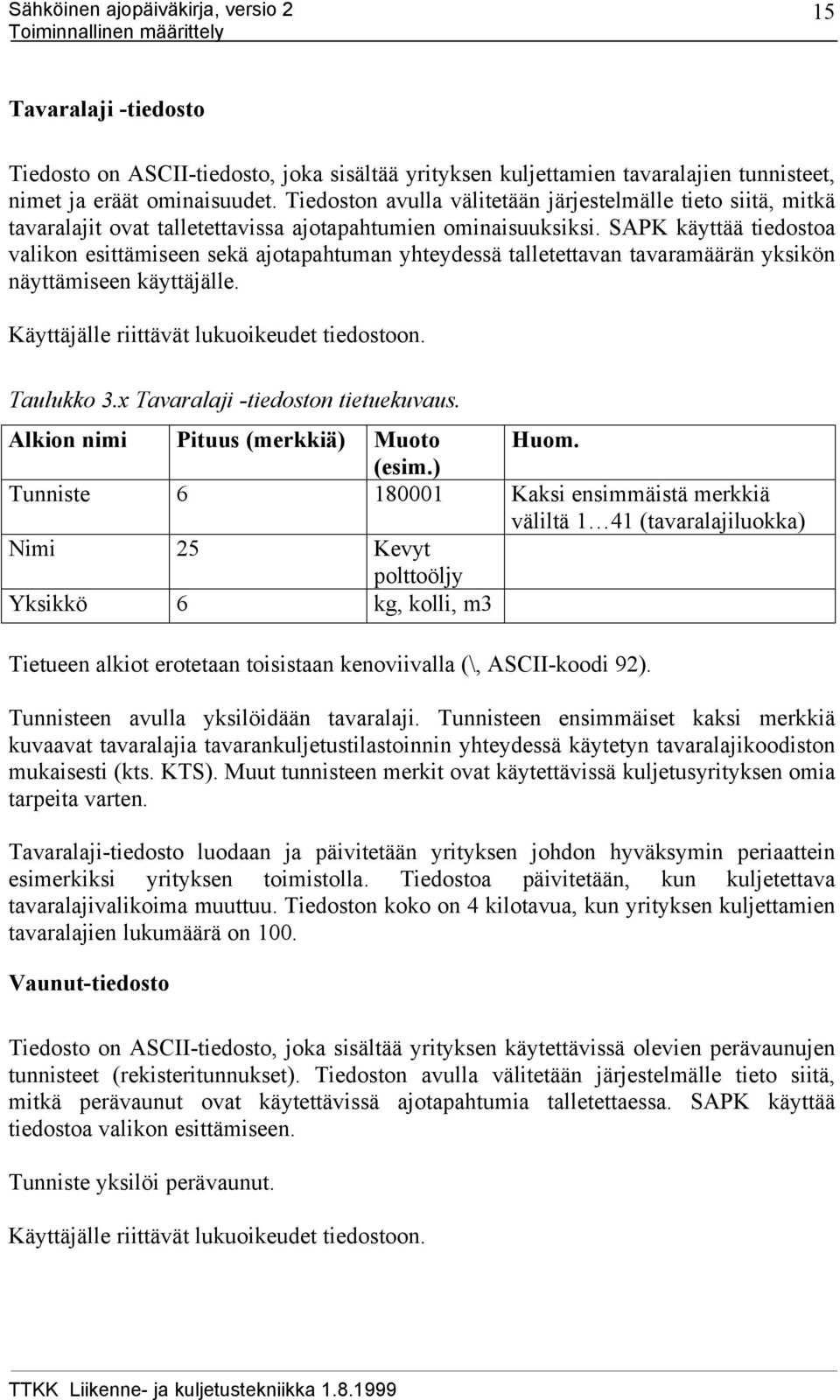 SAPK käyttää tiedostoa valikon esittämiseen sekä ajotapahtuman yhteydessä talletettavan tavaramäärän yksikön näyttämiseen käyttäjälle. Käyttäjälle riittävät lukuoikeudet tiedostoon. Taulukko 3.