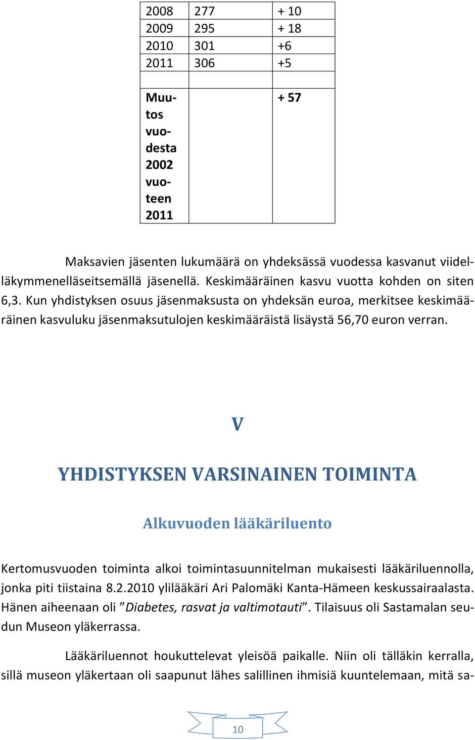 V YHDISTYKSEN VARSINAINEN TOIMINTA Alkuvuoden lääkäriluento Kertomusvuoden toiminta alkoi toimintasuunnitelman mukaisesti lääkäriluennolla, jonka piti tiistaina 8.2.