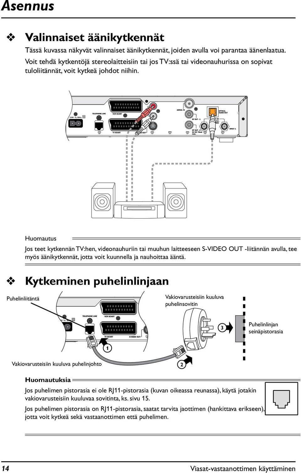 CAUTION RISK OF ELECTRIC SHOCK DONOT OPEN 230V 50Hz Huomautus Jos teet kytkennän TV:hen, videonauhuriin tai muuhun laitteeseen S-VIDEO OUT -liitännän avulla, tee myös äänikytkennät, jotta voit