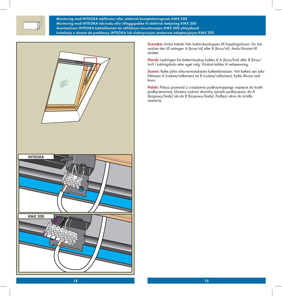 Du kan ansluta den tll antngen (brun/vt) eller B (brun/vt). nslut fönstret tll elnätet. Norsk: Lednngen fra batter-backup kobles tl (brun/hvt) eller B (brun/ hvt) koblngsboks etter eget valg.