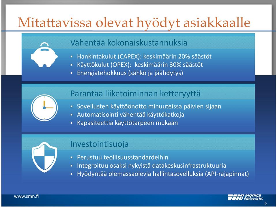 minuuteissa päivien sijaan Automatisointi vähentää käyttökatkoja Kapasiteettia käyttötarpeen mukaan Investointisuoja Perustuu