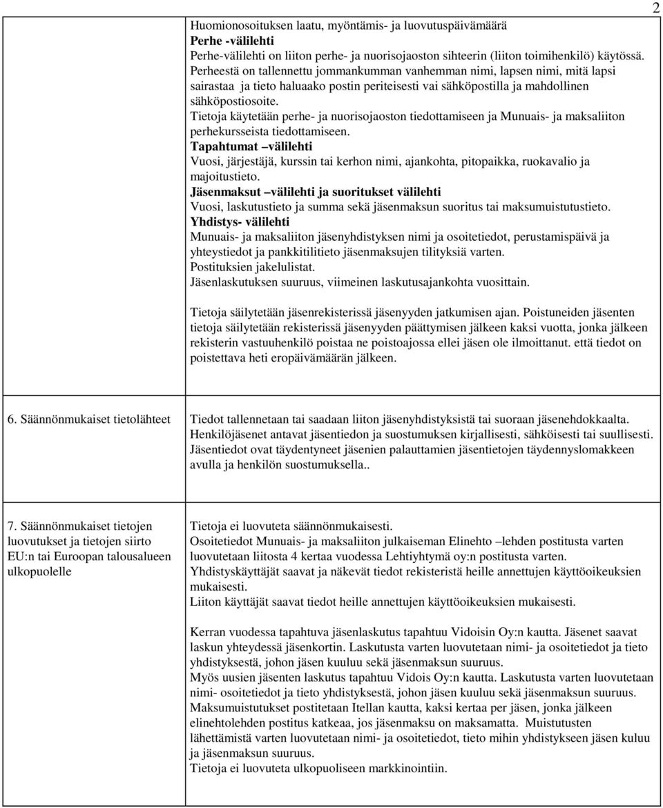 Tietoja käytetään perhe- ja nuorisojaoston tiedottamiseen ja Munuais- ja maksaliiton perhekursseista tiedottamiseen.