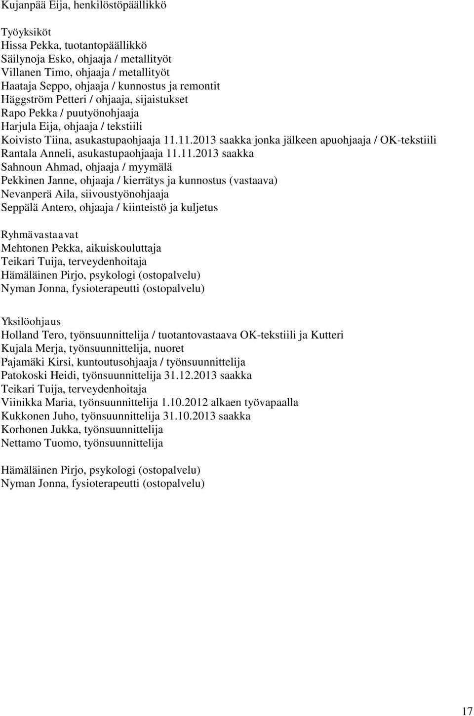 11.2013 saakka jonka jälkeen apuohjaaja / OK-tekstiili Rantala Anneli, asukastupaohjaaja 11.11.2013 saakka Sahnoun Ahmad, ohjaaja / myymälä Pekkinen Janne, ohjaaja / kierrätys ja kunnostus (vastaava)