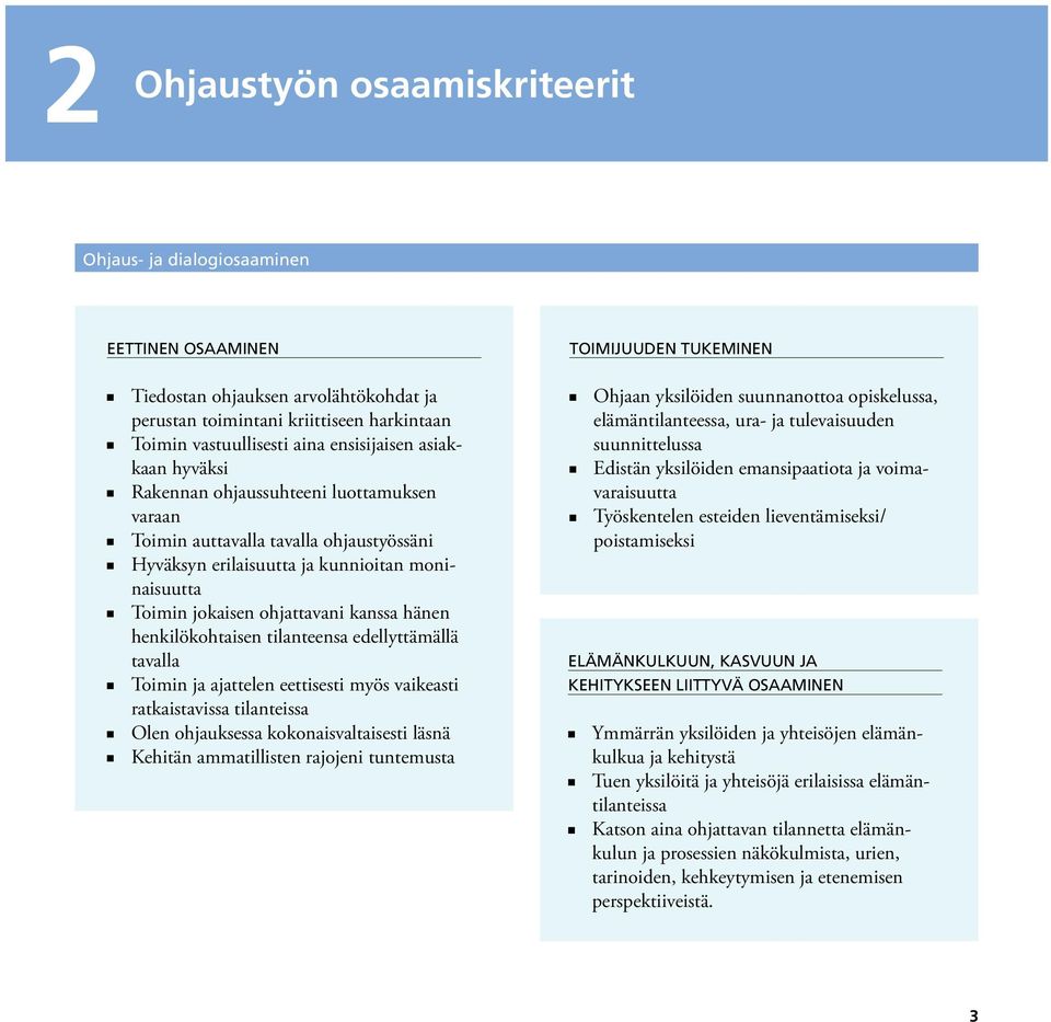 ohjattavani kanssa hänen henkilökohtaisen tilanteensa edellyttämällä tavalla n Toimin ja ajattelen eettisesti myös vaikeasti ratkaistavissa tilanteissa n Olen ohjauksessa kokonaisvaltaisesti läsnä n