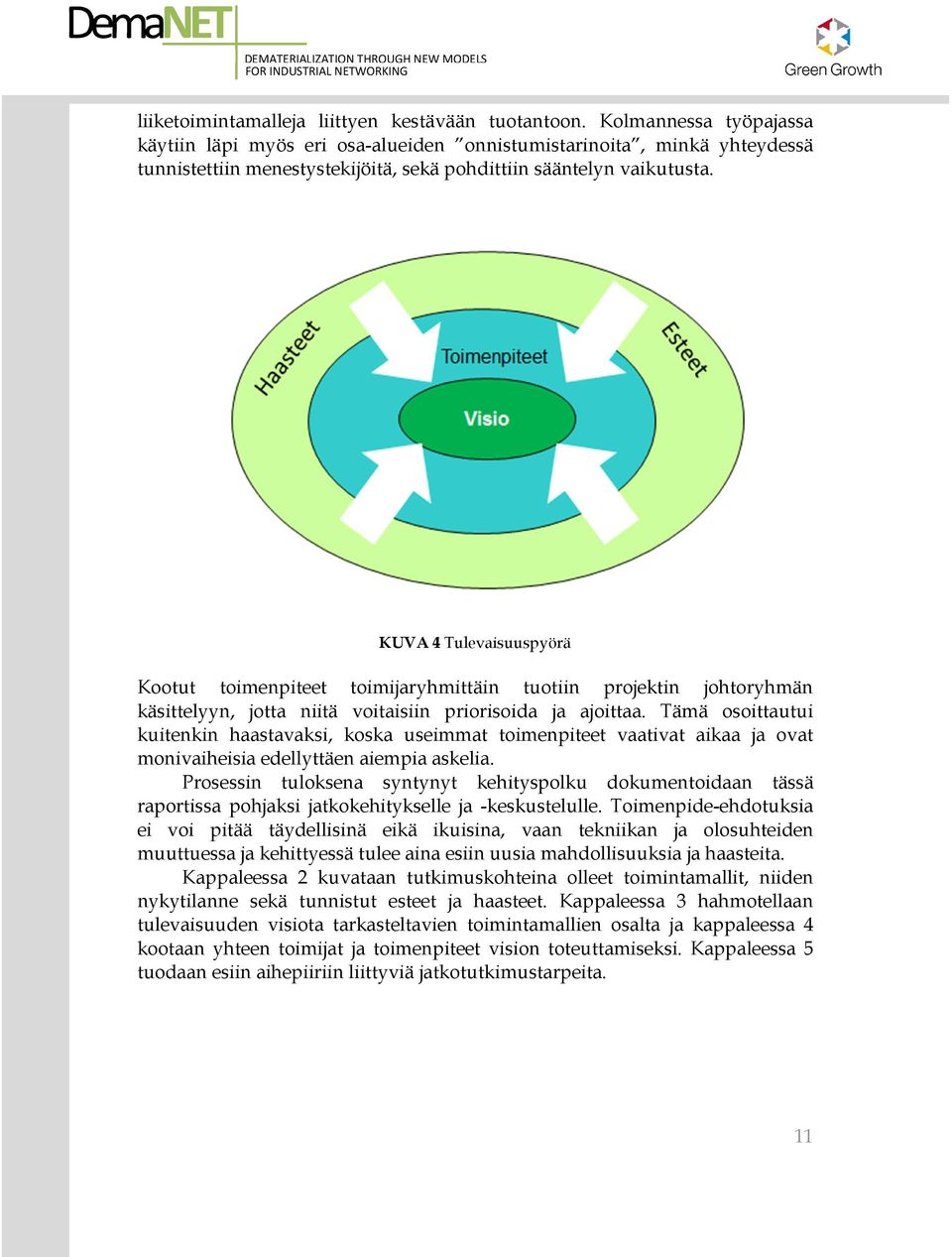 KUVA 4 Tulevaisuuspyörä Kootut toimenpiteet toimijaryhmittäin tuotiin projektin johtoryhmän käsittelyyn, jotta niitä voitaisiin priorisoida ja ajoittaa.