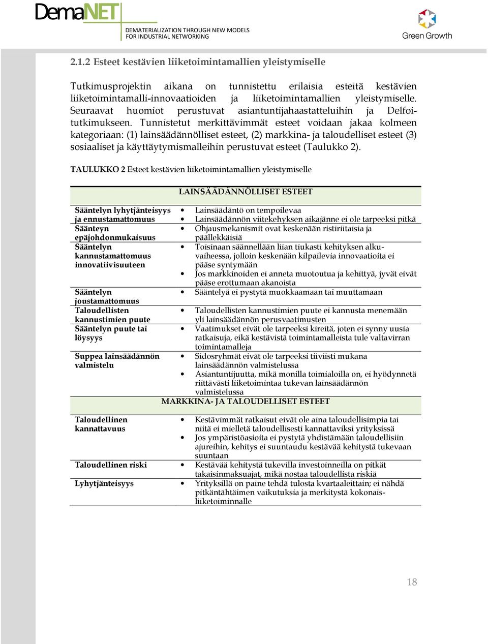 Tunnistetut merkittävimmät esteet voidaan jakaa kolmeen kategoriaan: (1) lainsäädännölliset esteet, (2) markkina- ja taloudelliset esteet (3) sosiaaliset ja käyttäytymismalleihin perustuvat esteet