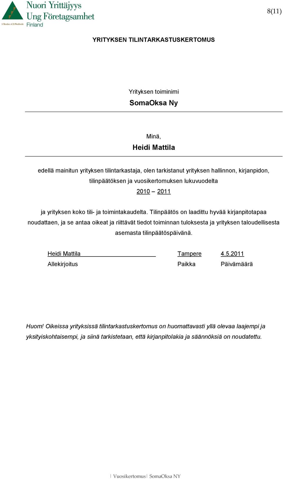 Tilinpäätös on laadittu hyvää kirjanpitotapaa noudattaen, ja se antaa oikeat ja riittävät tiedot toiminnan tuloksesta ja yrityksen taloudellisesta asemasta tilinpäätöspäivänä.