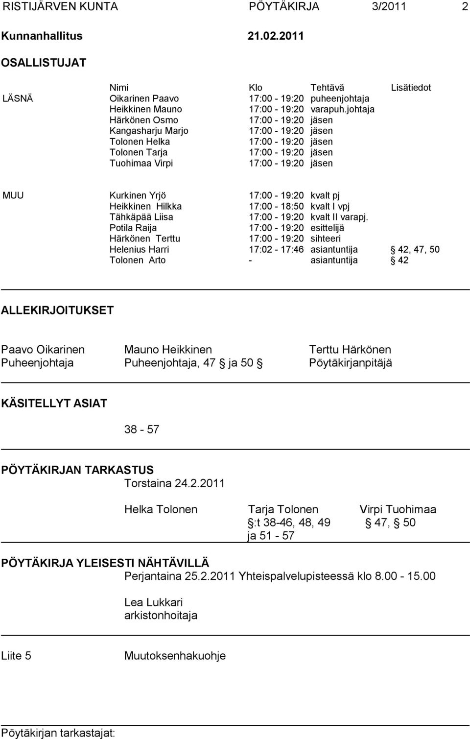 17:00-19:20 kvalt pj Heikkinen Hilkka 17:00-18:50 kvalt I vpj Tähkäpää Liisa 17:00-19:20 kvalt II varapj.