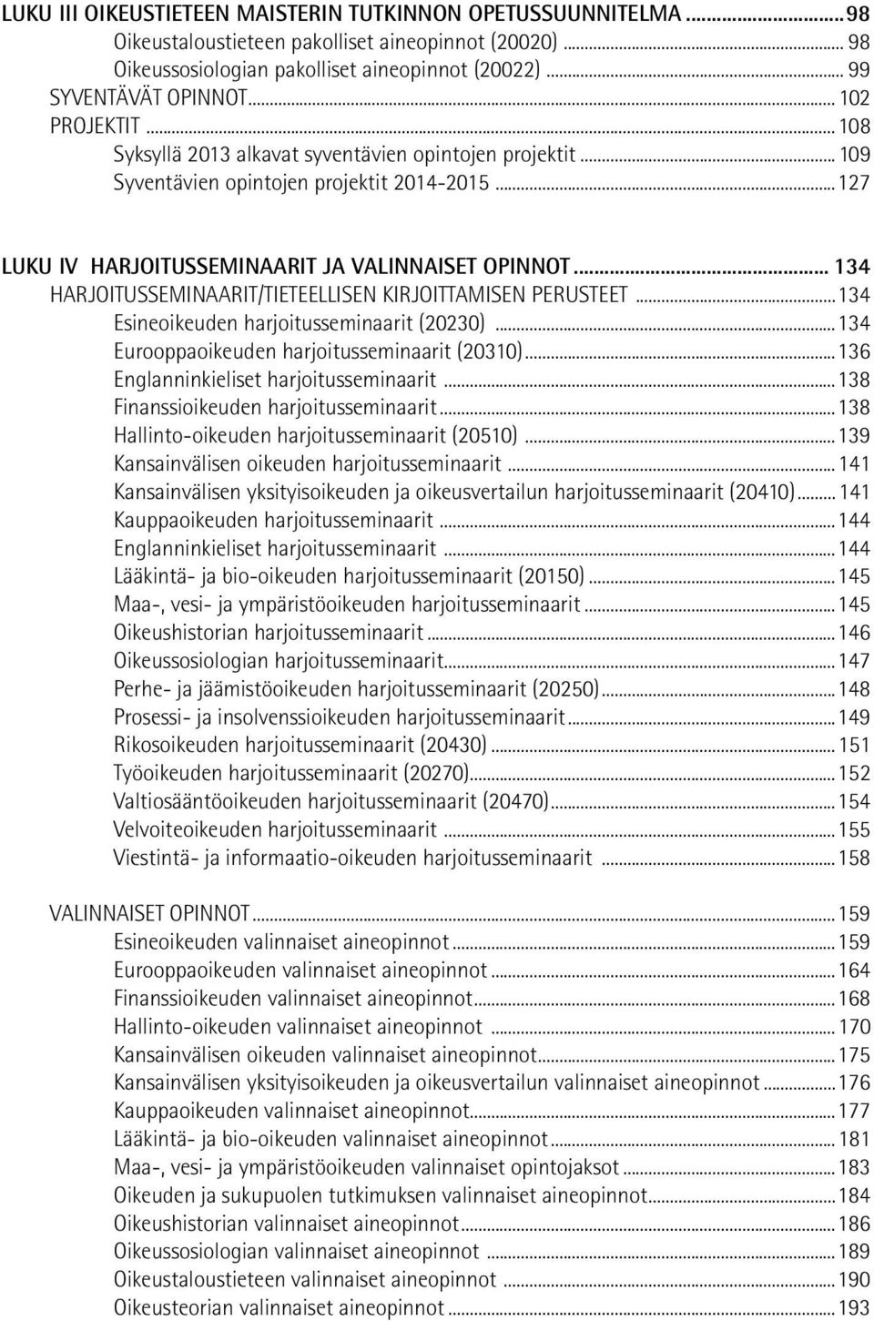 .. 134 HARJOITUSSEMINAARIT/TIETEELLISEN KIRJOITTAMISEN PERUSTEET...134 Esineoikeuden harjoitusseminaarit (20230)...134 Eurooppaoikeuden harjoitusseminaarit (20310).