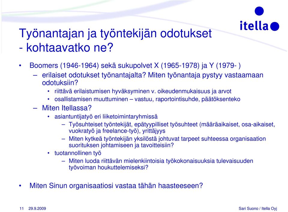 asiantuntijatyö eri liiketoimintaryhmissä Työsuhteiset työntekijät, epätyypilliset työsuhteet (määräaikaiset, osa-aikaiset, vuokratyö ja freelance-työ), yrittäjyys Miten kytkeä työntekijän yksilöstä