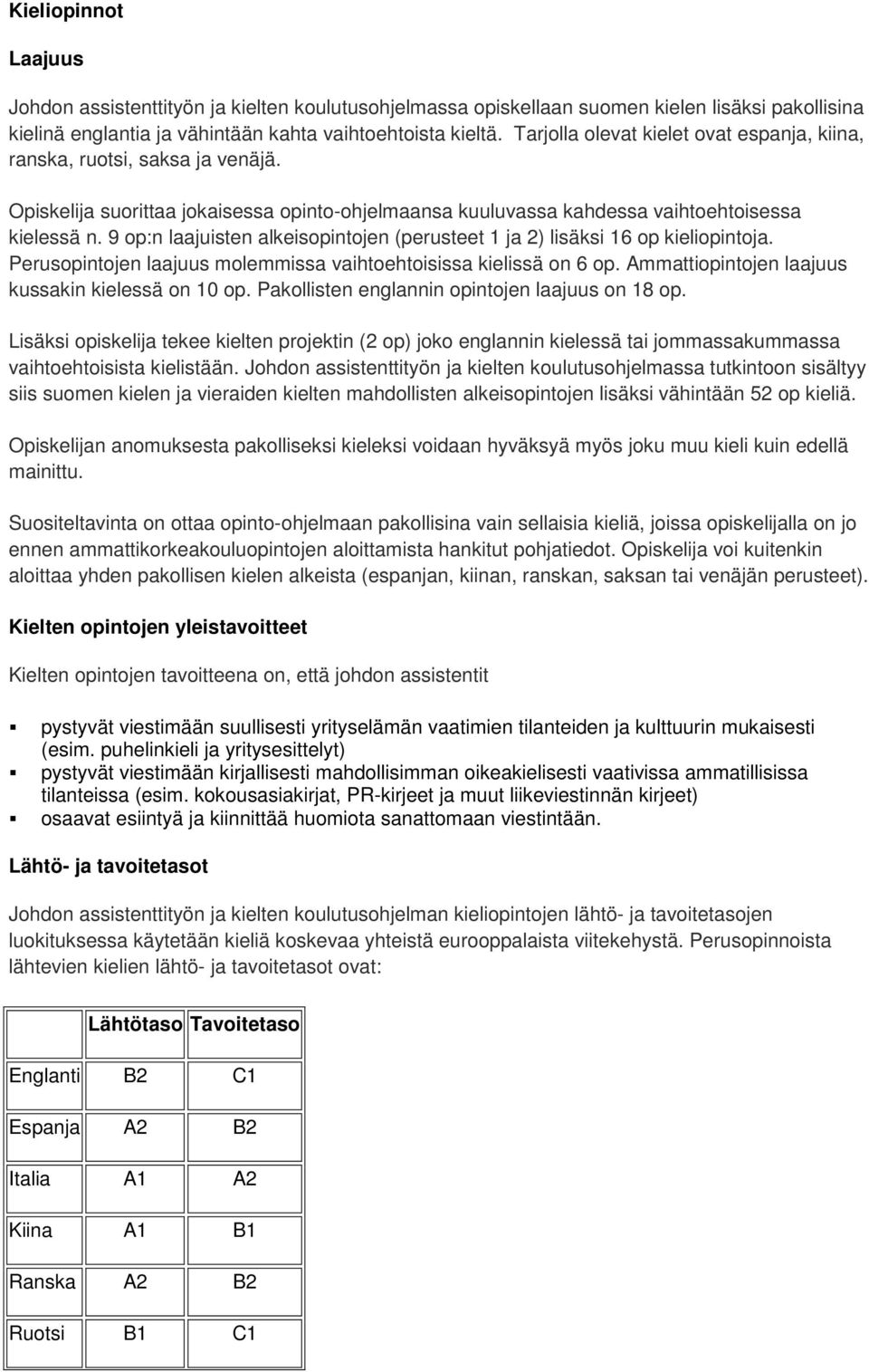 9 op:n laajuisten alkeisopintojen (perusteet 1 ja 2) lisäksi 16 op kieliopintoja. Perusopintojen laajuus molemmissa vaihtoehtoisissa kielissä on 6 op.