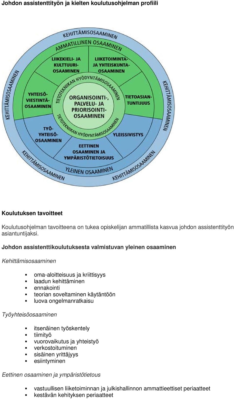 Johdon assistenttikoulutuksesta valmistuvan yleinen osaaminen Kehittämisosaaminen oma-aloitteisuus ja kriittisyys laadun kehittäminen ennakointi teorian soveltaminen