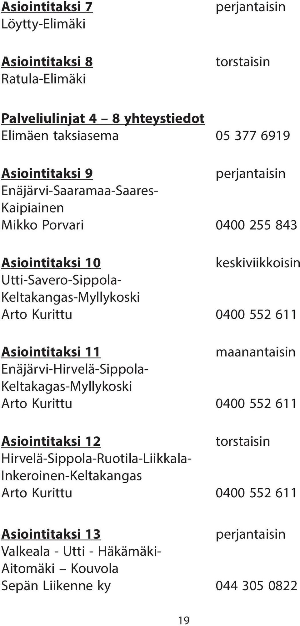 0400 552 611 Asiointitaksi 11 maanantaisin Enäjärvi-Hirvelä-Sippola- Keltakagas-Myllykoski Arto Kurittu 0400 552 611 Asiointitaksi 12 torstaisin