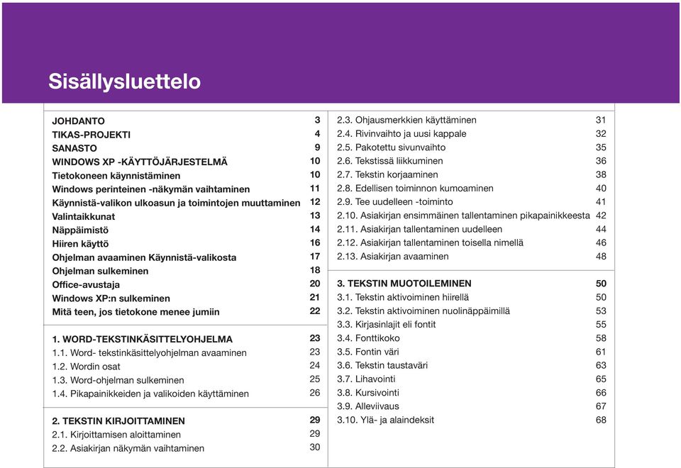 Tee uudelleen -toiminto 41 Valintaikkunat 13 2.10. Asiakirjan ensimmäinen tallentaminen pikapainikkeesta 42 Näppäimistö 14 2.11. Asiakirjan tallentaminen uudelleen 44 Hiiren käyttö 16 2.12.