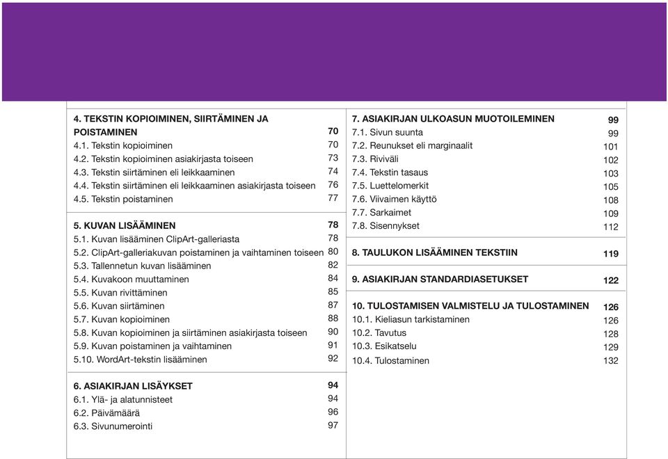 Kuvakoon muuttaminen 5.5. Kuvan rivittäminen 5.6. Kuvan siirtäminen 5.7. Kuvan kopioiminen 5.8. Kuvan kopioiminen ja siirtäminen asiakirjasta toiseen 5.9. Kuvan poistaminen ja vaihtaminen 5.10.