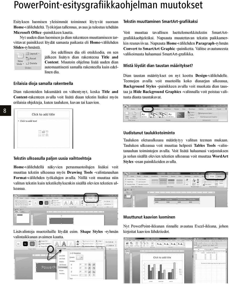 Nyt uuden dian luomisen ja dian rakenteen muuttamiseen tarvittavat painikkeet löydät samasta paikasta eli Home-välilehden Slides-ryhmästä.