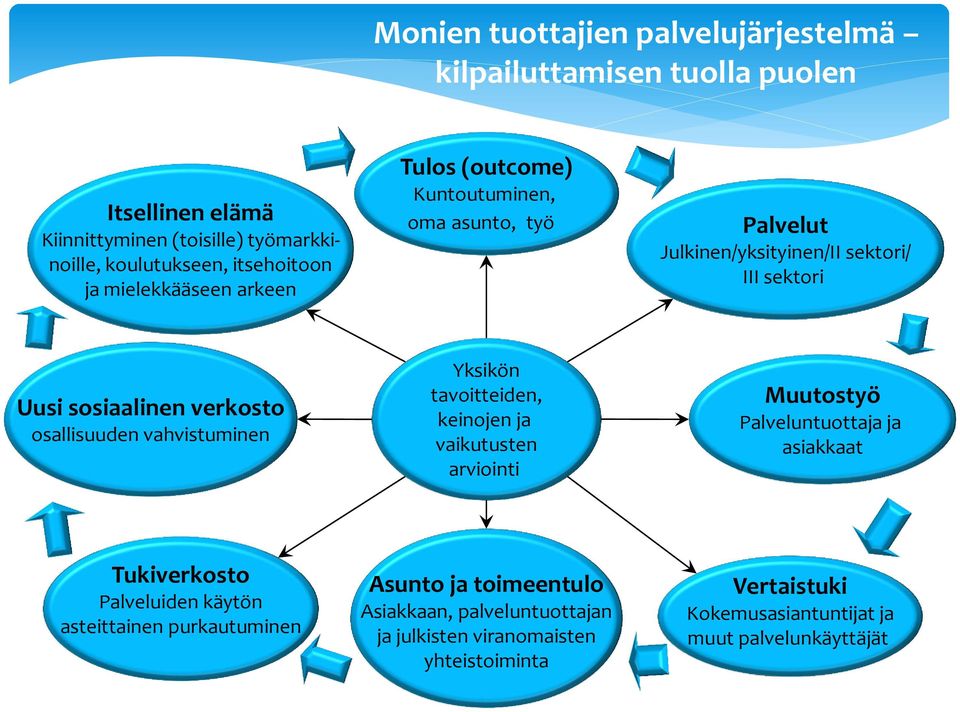 vahvistuminen Yksikön tavoitteiden, keinojen ja vaikutusten arviointi Muutostyö Palveluntuottaja ja asiakkaat Tukiverkosto Palveluiden käytön asteittainen