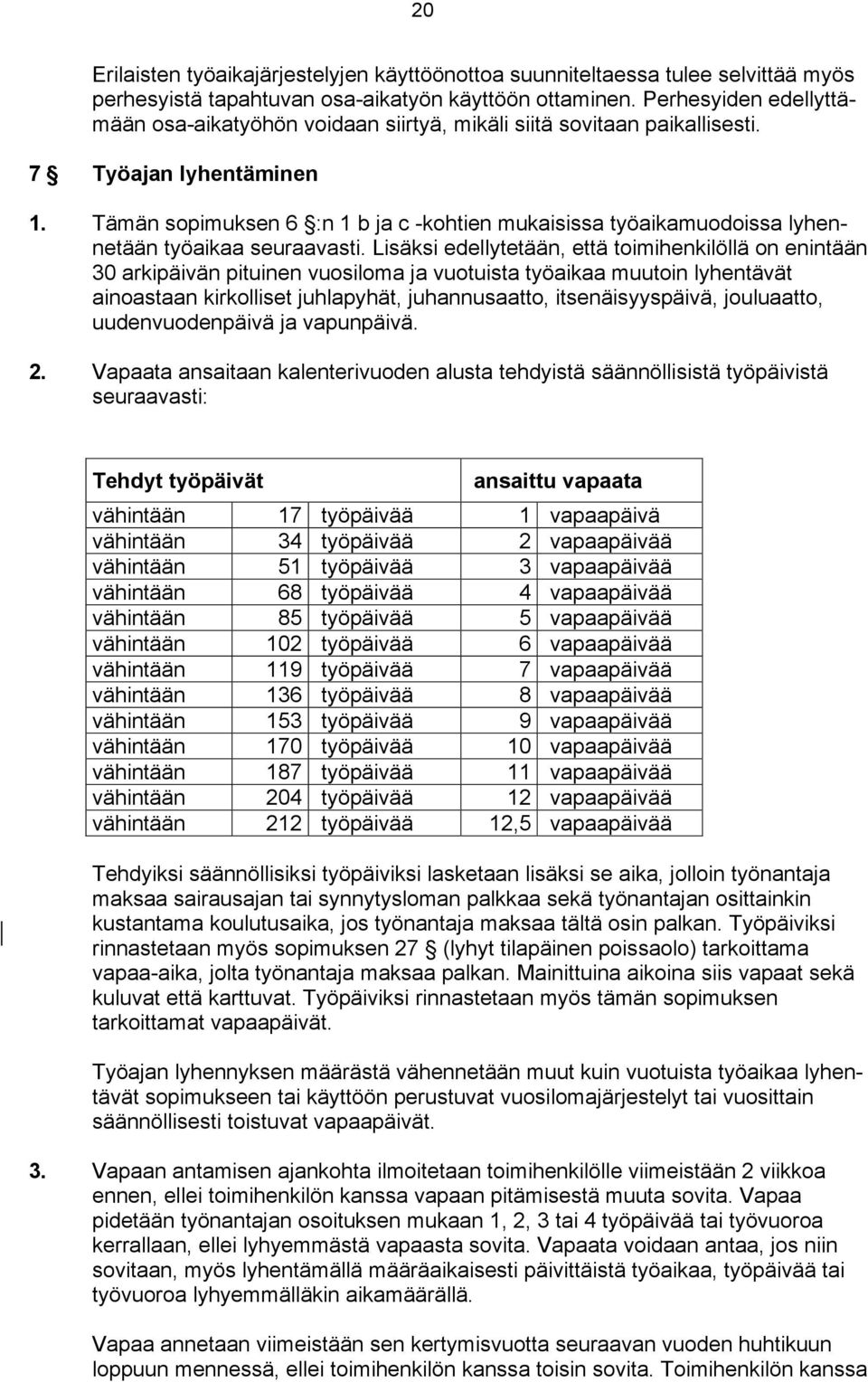 Tämän sopimuksen 6 :n 1 b ja c -kohtien mukaisissa työaikamuodoissa lyhennetään työaikaa seuraavasti.