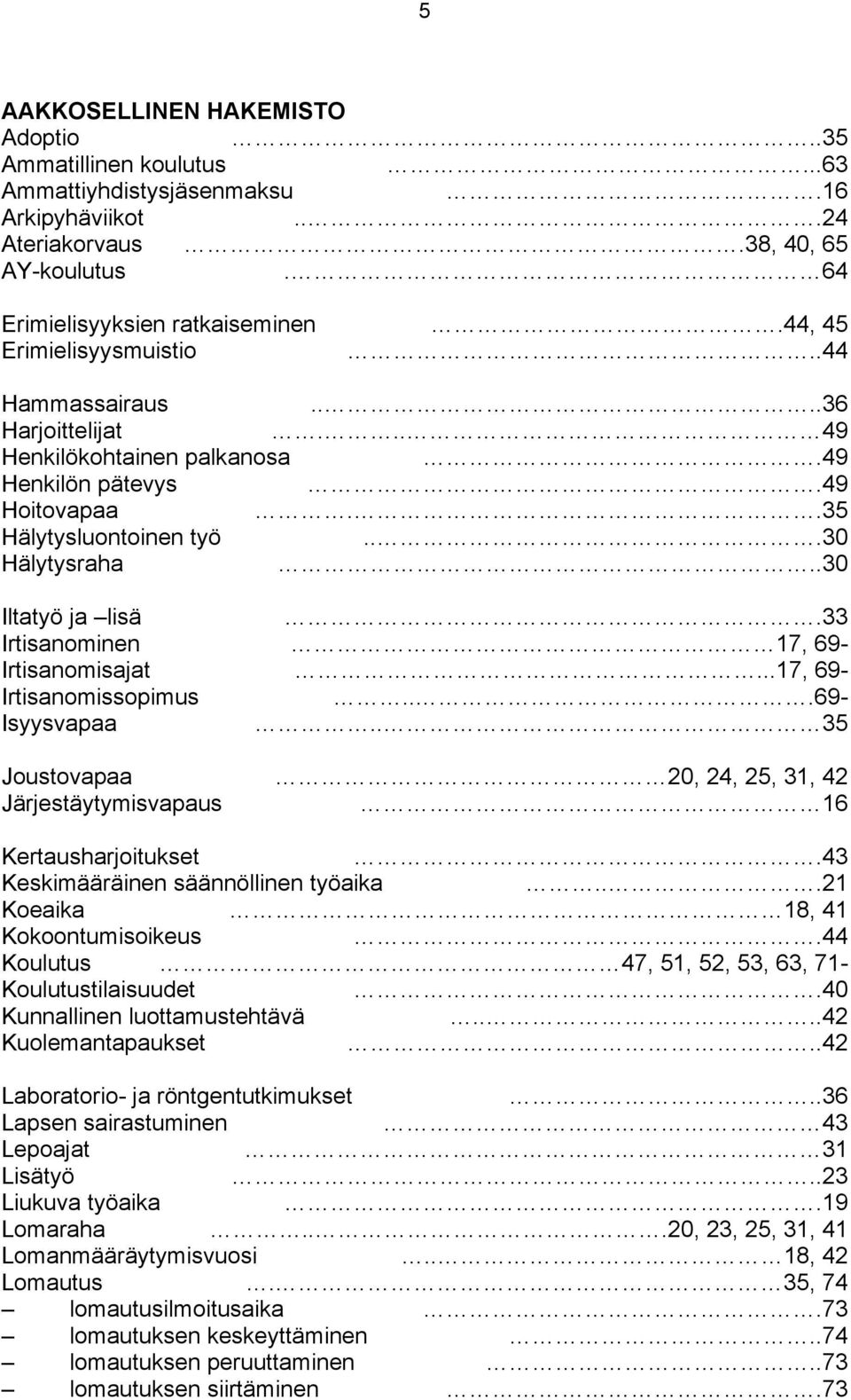 33 Irtisanominen 17, 69- Irtisanomisajat...17, 69- Irtisanomissopimus...69- Isyysvapaa.. 35 Joustovapaa 20, 24, 25, 31, 42 Järjestäytymisvapaus 16 Kertausharjoitukset.