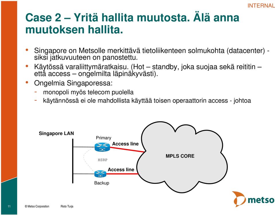 Käytössä varaliittymäratkaisu. (Hot standby, joka suojaa sekä reititin että access ongelmilta läpinäkyvästi).