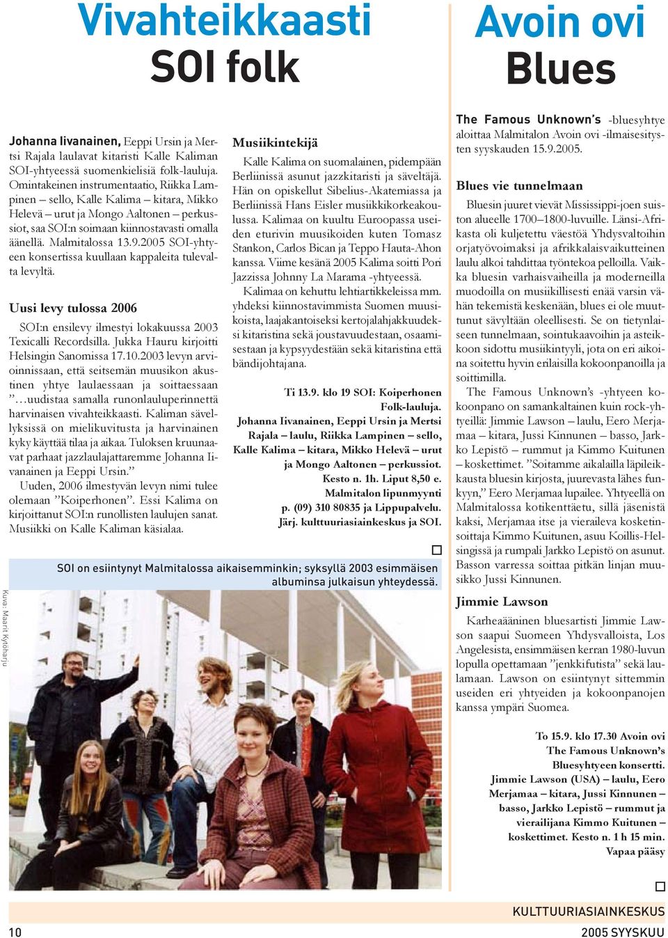 2005 SOI-yhtyeen konsertissa kuullaan kappaleita tulevalta levyltä. Uusi levy tulossa 2006 SOI:n ensilevy ilmestyi lokakuussa 2003 Texicalli Recordsilla. Jukka Hauru kirjoitti Helsingin Sanomissa 17.