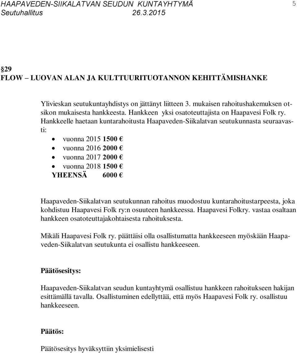 Hankkeelle haetaan kuntarahoitusta Haapaveden-Siikalatvan seutukunnasta seuraavasti: vuonna 2015 1500 vuonna 2016 2000 vuonna 2017 2000 vuonna 2018 1500 YHEENSÄ 6000 Haapaveden-Siikalatvan