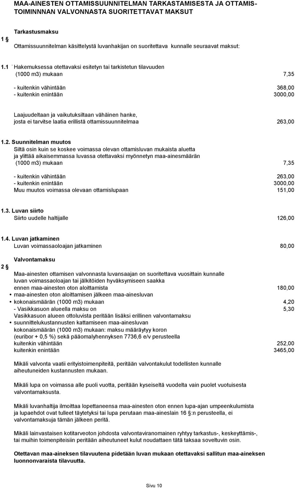 1 Tarkastaminen Hakemuksessa otettavaksi esitetyn tai tarkistetun tilavuuden (1000 m3) mukaan 7,35 - kuitenkin vähintään 368,00 - kuitenkin enintään 3000,00 Laajuudeltaan ja vaikutuksiltaan vähäinen