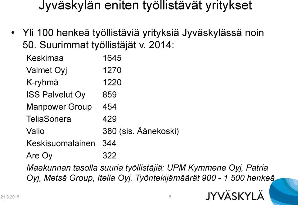 2014: Keskimaa 1645 Valmet Oyj 1270 K-ryhmä 1220 ISS Palvelut Oy 859 Manpower Group 454 TeliaSonera 429