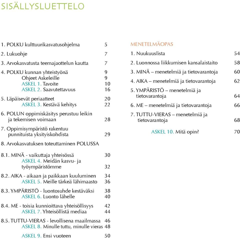 Oppimisympäristö rakentuu punnituista yksityiskohdista 29 8. Arvokasvatuksen toteuttaminen POLUSSA MENETELMÄOPAS 1. Nuukuuslista 54 2. Luonnossa liikkumisen kansalaistaito 58 3.