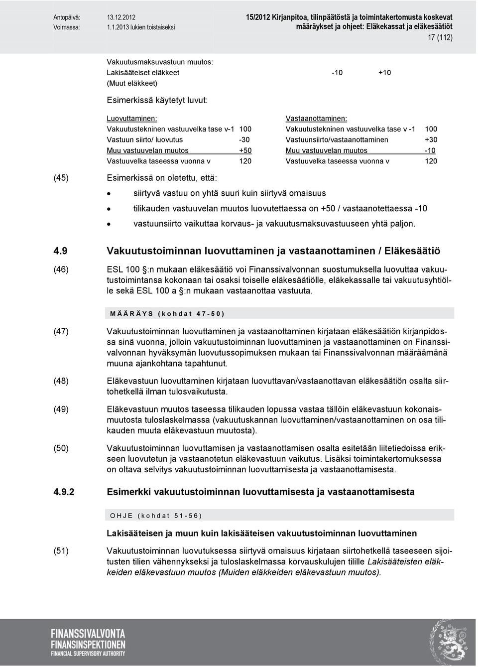 Vastuuvelka taseessa vuonna v 120 (45) Esimerkissä on oletettu, että: siirtyvä vastuu on yhtä suuri kuin siirtyvä omaisuus tilikauden vastuuvelan muutos luovutettaessa on +50 / vastaanotettaessa -10