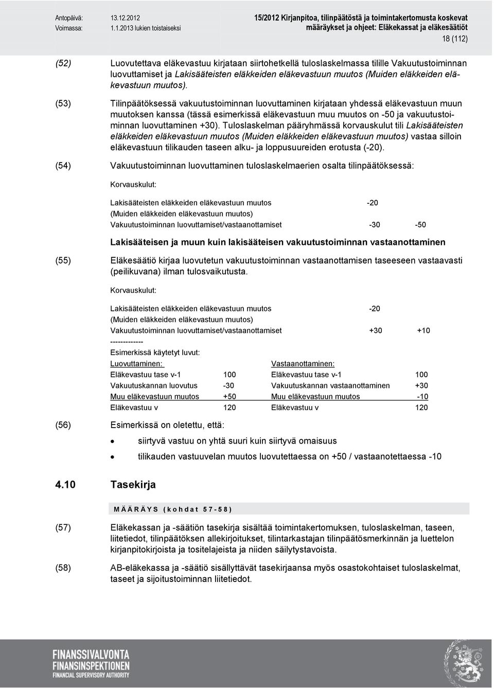 (53) Tilinpäätöksessä vakuutustoiminnan luovuttaminen kirjataan yhdessä eläkevastuun muun muutoksen kanssa (tässä esimerkissä eläkevastuun muu muutos on -50 ja vakuutustoiminnan luovuttaminen +30).