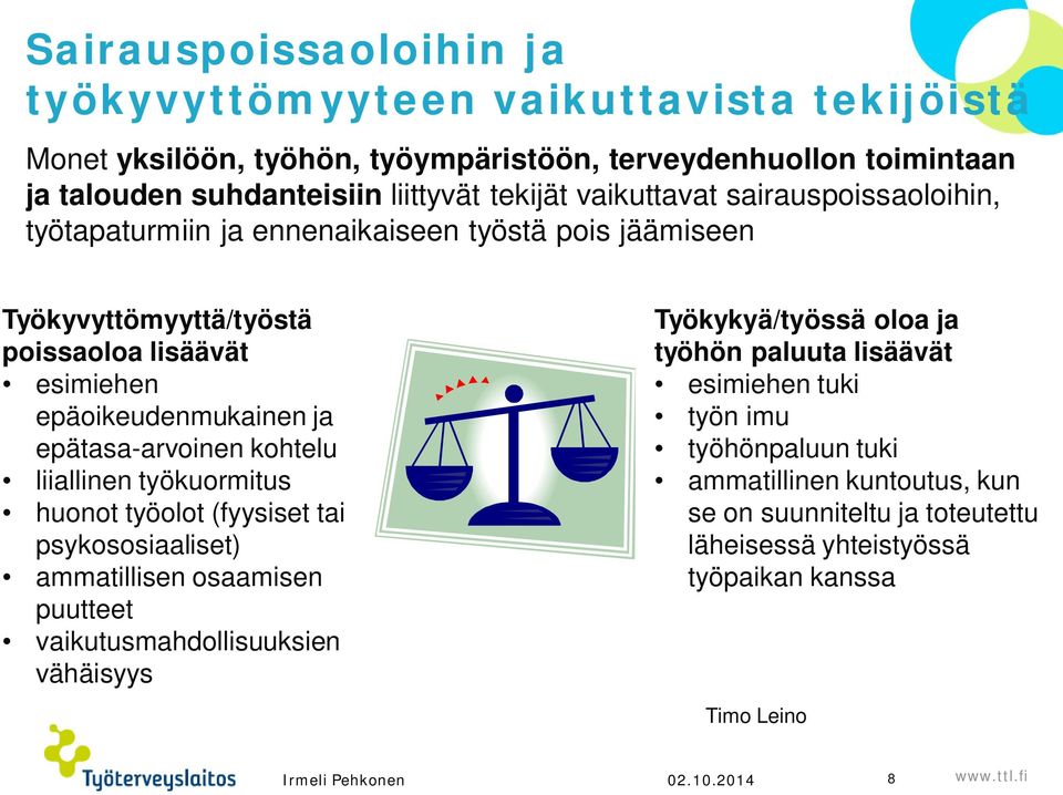 epätasa-arvoinen kohtelu liiallinen työkuormitus huonot työolot (fyysiset tai psykososiaaliset) ammatillisen osaamisen puutteet vaikutusmahdollisuuksien vähäisyys Työkykyä/työssä