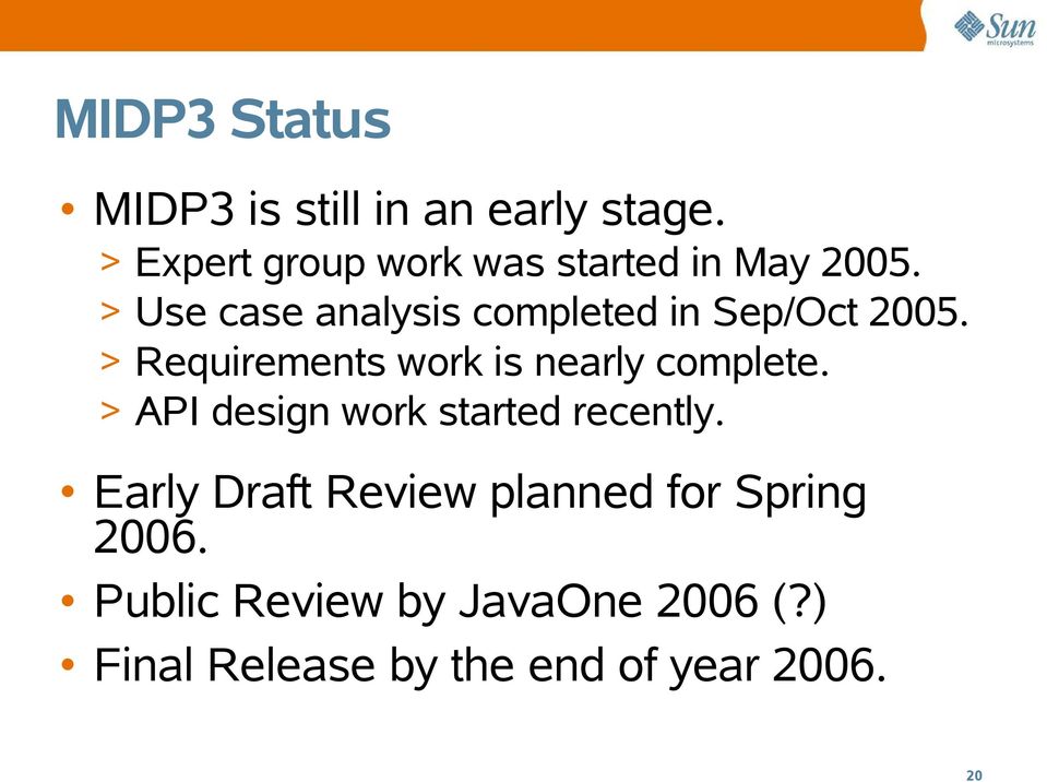 Use case analysis completed in Sep/Oct 2005. Requirements work is nearly complete.