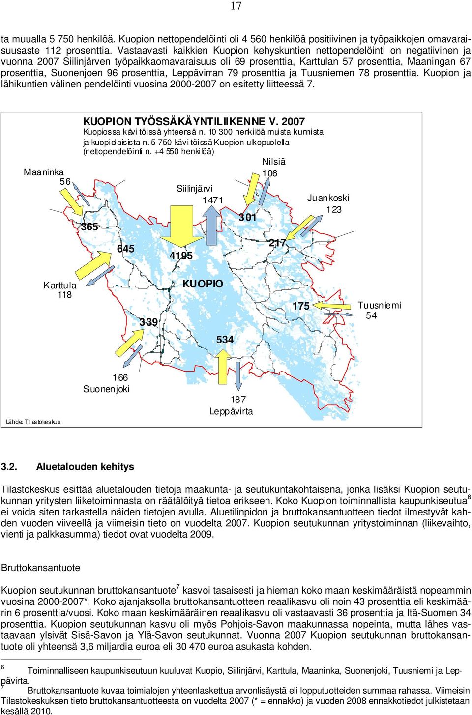 Suonenjoen 96 prosenttia, Leppävirran 79 prosenttia ja Tuusniemen 78 prosenttia. Kuopion ja lähikuntien välinen pendelöinti vuosina 2000-2007 on esitetty liitteessä 7.