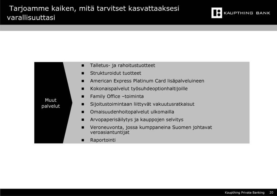 Family Office toiminta Sijoitustoimintaan liittyvät vakuutusratkaisut Omaisuudenhoitopalvelut ulkomailla